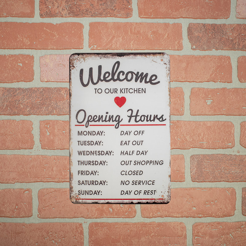 Ophelia & Co. Funny Retro Metal Welcome Kitchen Opening Hours Wall Sign ...